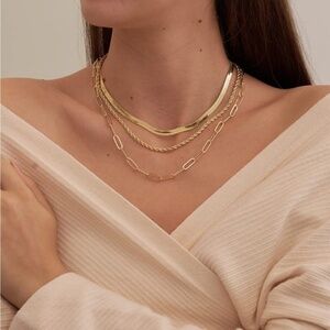 GOLD 14k Gold Plated 3pc Paperclip Herringbone Necklace Set